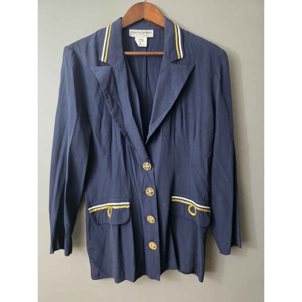 Francine Brower Navy Blue Nautical Blazer Gold Compass Buttons Vintage Medium